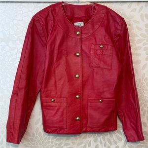 Vintage Saks Fifth Avenue Women’s S Red Soft Leather Jacket Gold Buttons